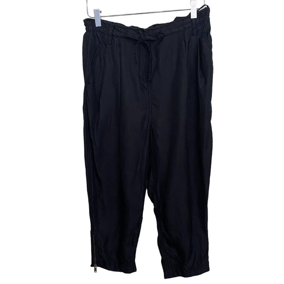 DKNY Pure Black Silk Drawstring Pleated Cropped Zippered Ankle Pants - Size 0 - Picture 1 of 10